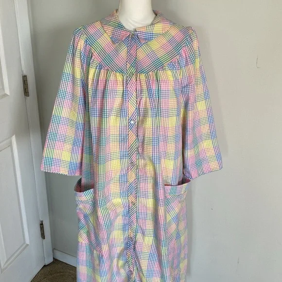 Pastel Plaid Cottagecore Dress Prairie Smock Midi Pockets Vintage Style M - Picture 5 of 9